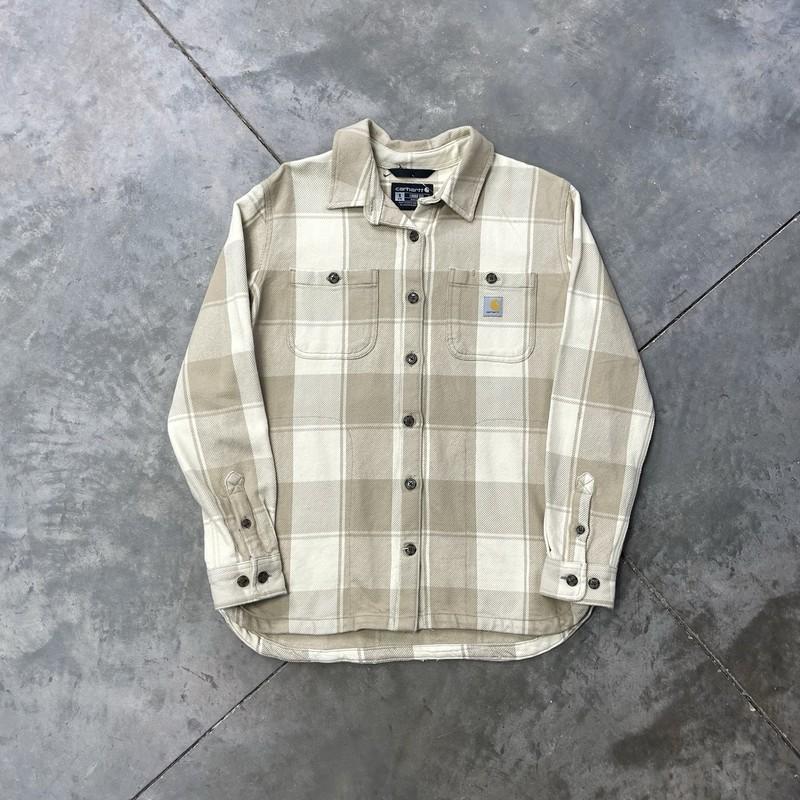 Women’s Carhartt Shirt Jacket Plaid Flannel Heavyweight Beige Small 106450
