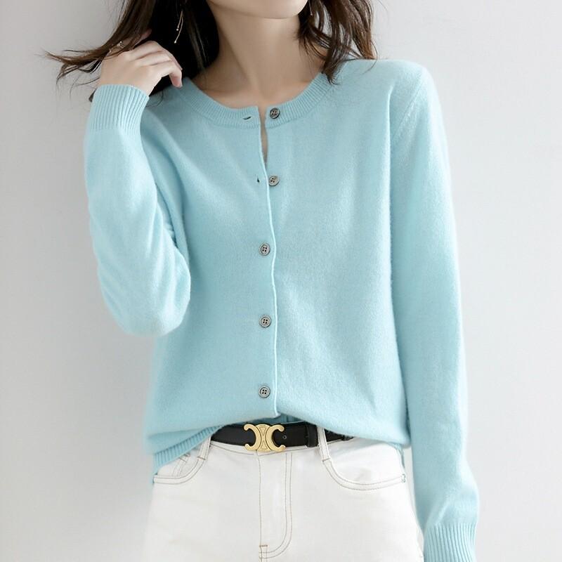 Women's Cashmere Blend Cardigan Solid Color Sweater Simple Crew Neck Jacket Coat