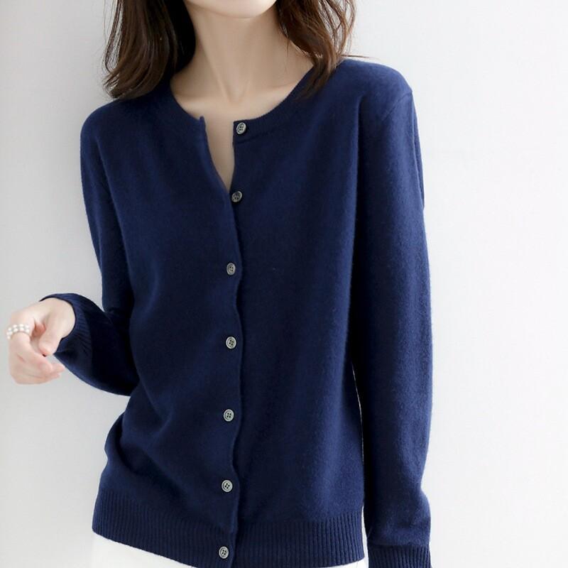 Women's Cashmere Blend Cardigan Solid Color Sweater Simple Crew Neck Jacket Coat