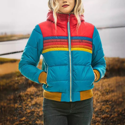 Women's Casual Hooded Long Sleeve Cotton Jacket Rainbow Zipper Warm Coat