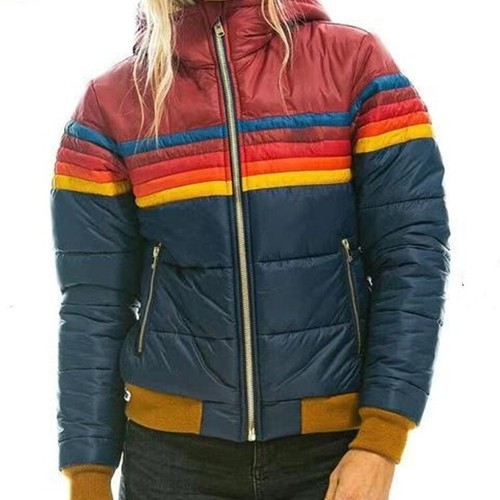 Women's Casual Hooded Long Sleeve Cotton Jacket Rainbow Zipper Warm Coat