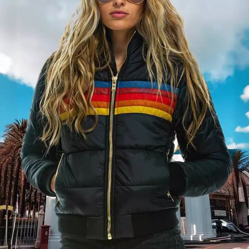 Women's Casual Hooded Long Sleeve Cotton Jacket Rainbow Zipper Warm Coat