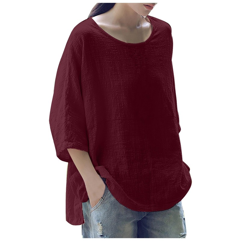 Women's Casual Solid Color Loose Cotton Linen Medium Sleeve Large Size Tops