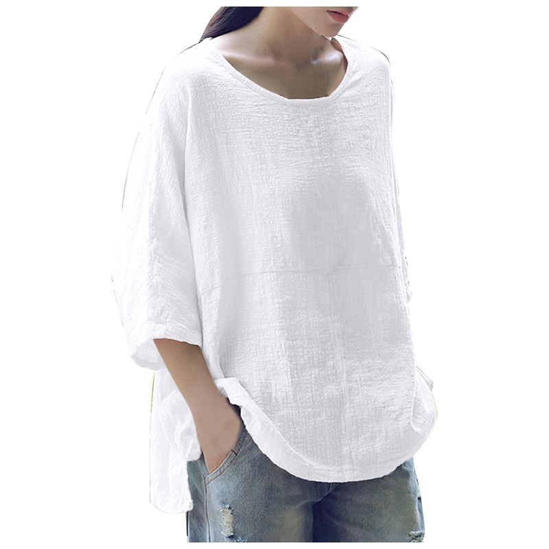 Women's Casual Solid Color Loose Cotton Linen Medium Sleeve Large Size Tops