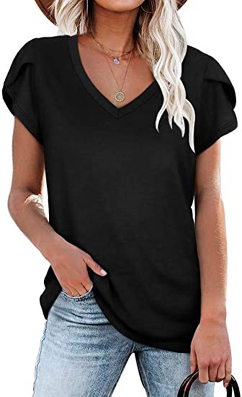Women's Casual V-Neck Short Sleeve Cotton T-Shirt - Loose Fit Summer Top