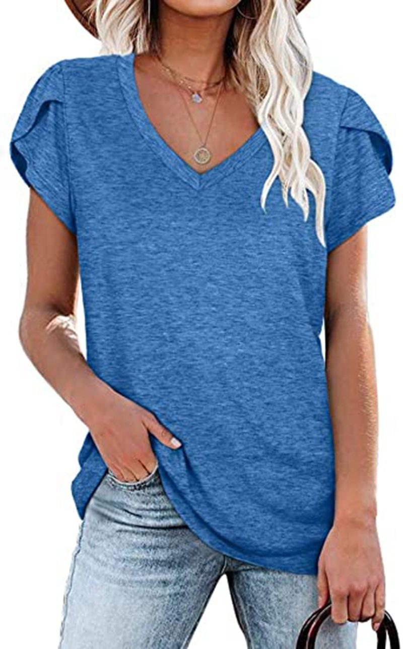 Women's Casual V-Neck Short Sleeve Cotton T-Shirt - Loose Fit Summer Top