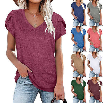 Women's Casual V-Neck Short Sleeve Cotton T-Shirt - Loose Fit Summer Top