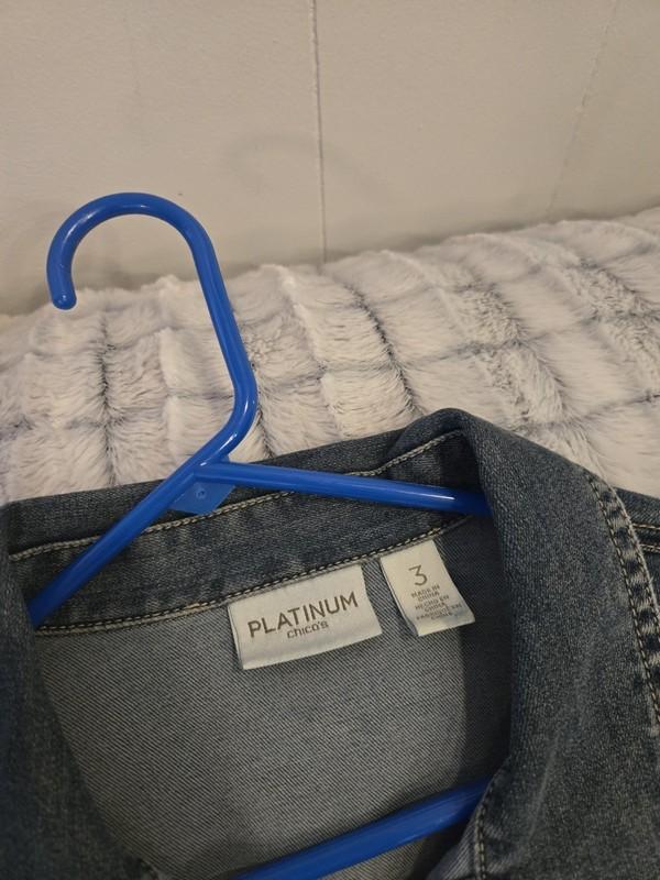 Women's Chicos Platinum Western Denim Jacket Size 3 Trucker Fringe Blue