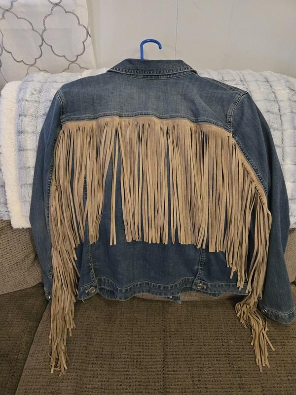 Women's Chicos Platinum Western Denim Jacket Size 3 Trucker Fringe Blue