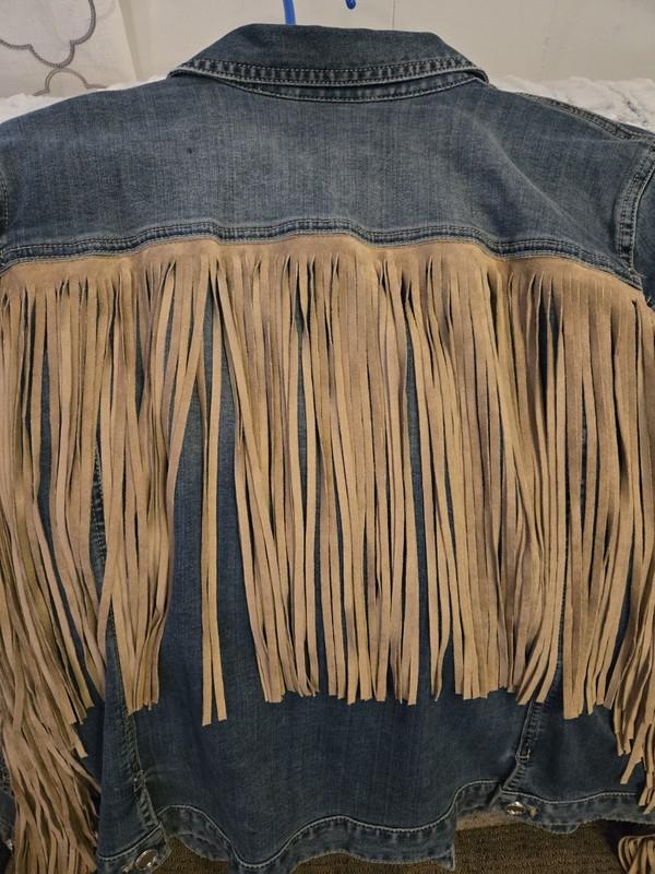 Women's Chicos Platinum Western Denim Jacket Size 3 Trucker Fringe Blue