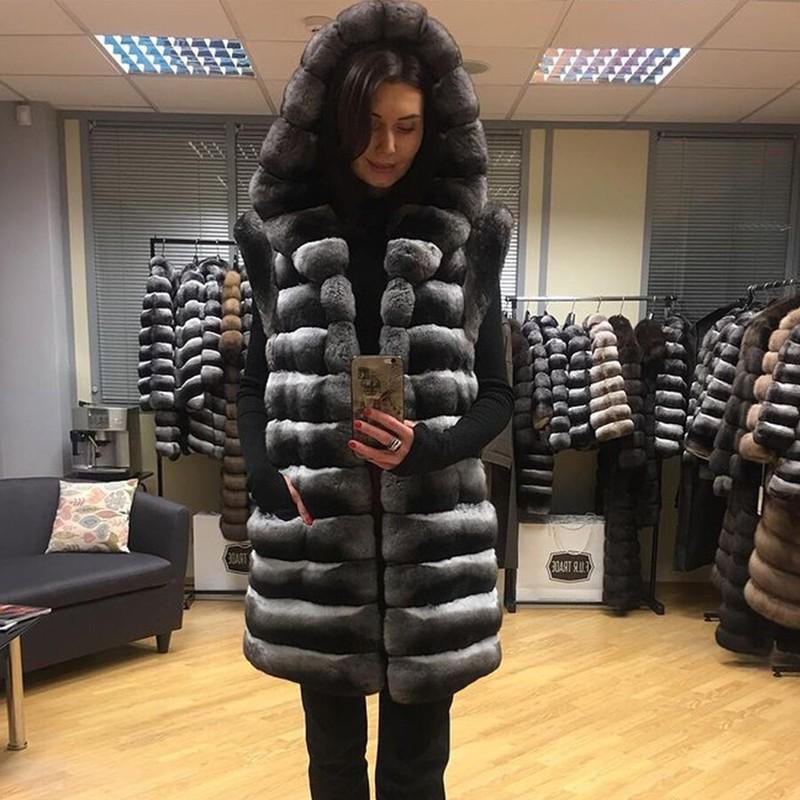Women's Chinchilla Warm Real Rex Rabbit Fur Vest Coat Hooded Full Pelt Waistcoat