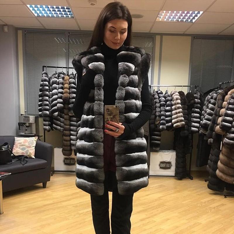 Women's Chinchilla Warm Real Rex Rabbit Fur Vest Coat Hooded Full Pelt Waistcoat
