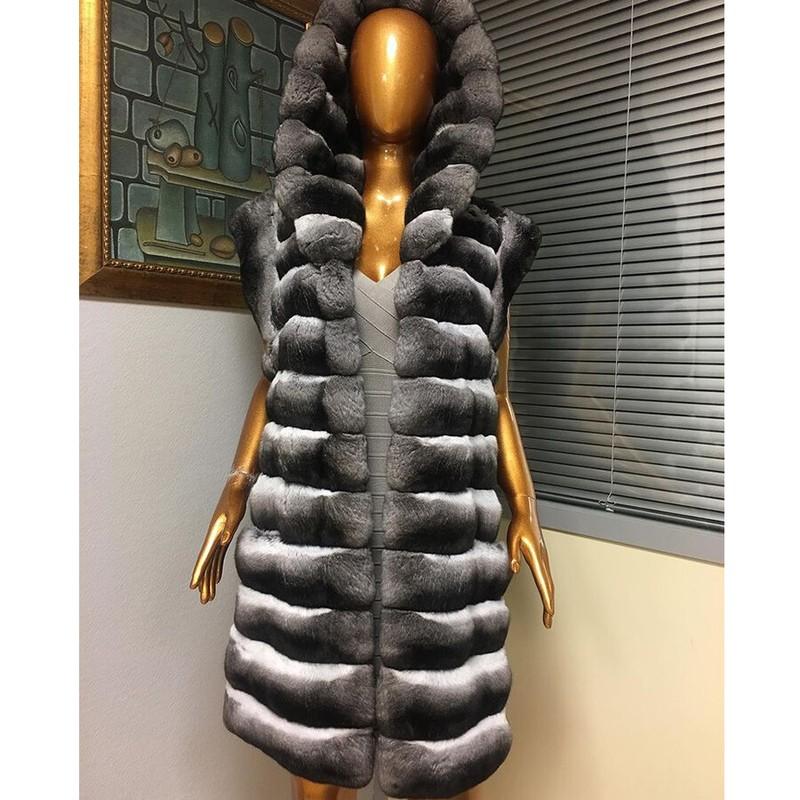 Women's Chinchilla Warm Real Rex Rabbit Fur Vest Coat Hooded Full Pelt Waistcoat