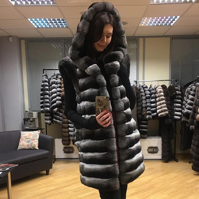 Women's Chinchilla Warm Real Rex Rabbit Fur Vest Coat Hooded Full Pelt Waistcoat