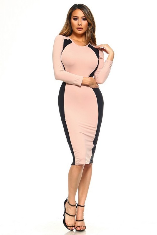 Women's Color Block Dress Midi Bodycon Hourglass Illusion XXXL NWT Camel/Black