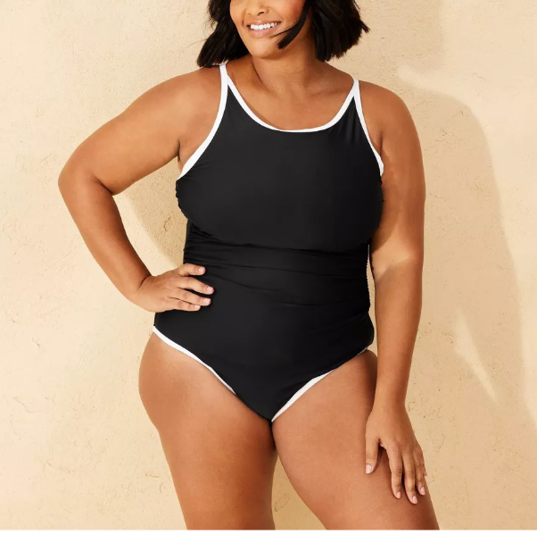 Women's Contrast Binding Highneck Full Coverage Tummy Control 1 Pce Swimsuit XL