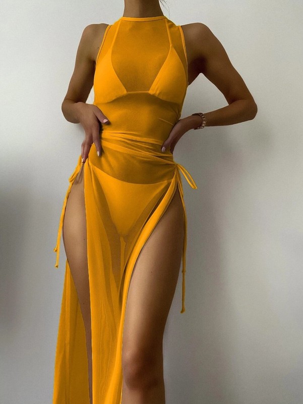 Women's Cover Up High Split Mesh Dress Swimwear See Through Sheer Dress 3 Pcs