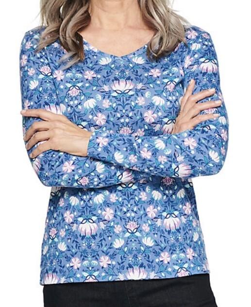 Women's Croft & Barrow L/S V-neck T-Shirt Top Large / L - Blue Floral - New