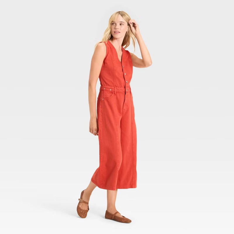 Women's Cropped Sleeveless Denim Jumpsuit - Universal Thread Red 6