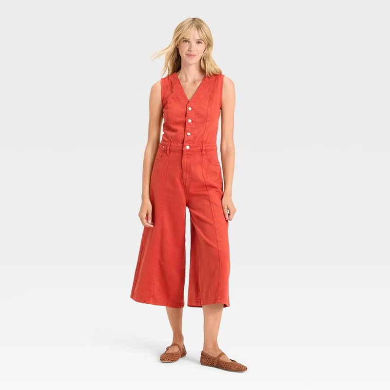 Women's Cropped Sleeveless Denim Jumpsuit - Universal Thread Red 8