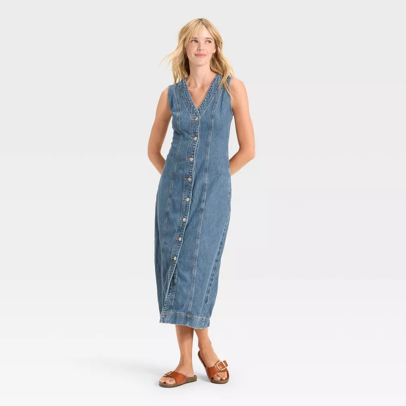 Women's Denim Button-Down Ankle Dress - Universal Thread Medium Wash 12