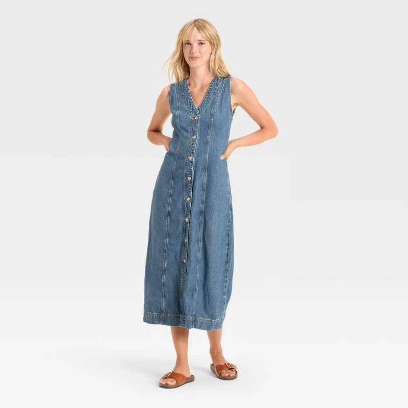 Women's Denim Button-Down Ankle Dress - Universal Thread Medium Wash 12