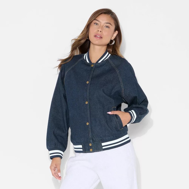 Women's Denim Varsity Jacket - Wild Fable Dark Blue Denim L