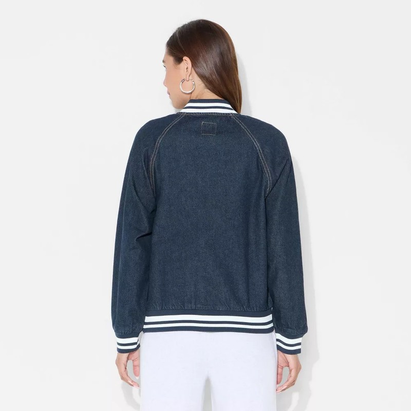 Women's Denim Varsity Jacket - Wild Fable Dark Blue Denim L