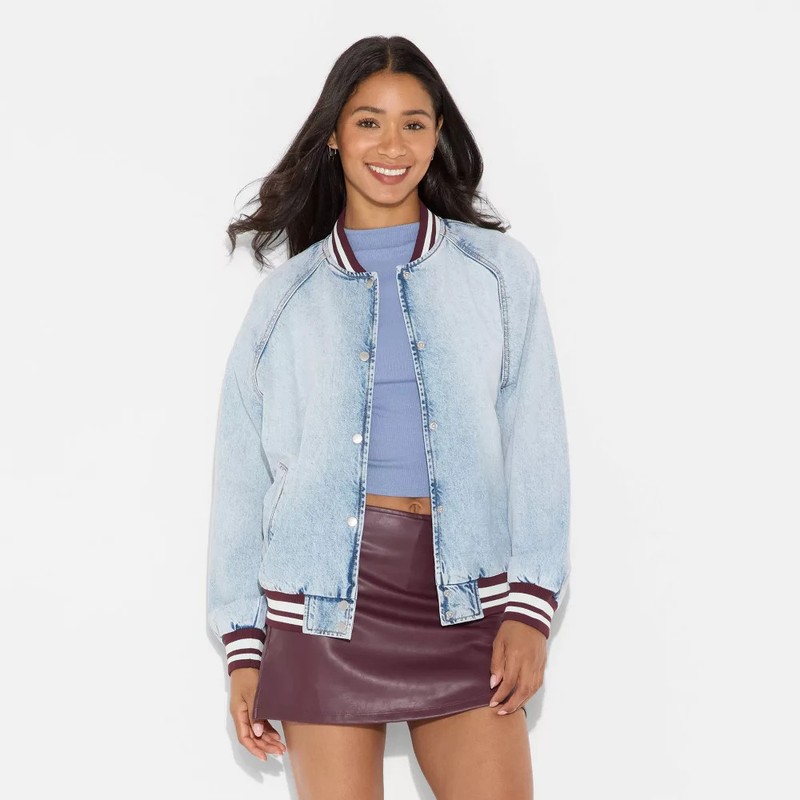 Women's Denim Varsity Jacket - Wild Fable Medium Wash M