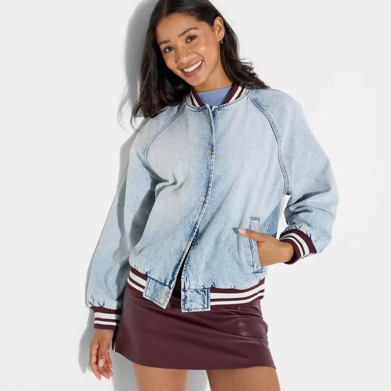 Women's Denim Varsity Jacket - Wild Fable Medium Wash M