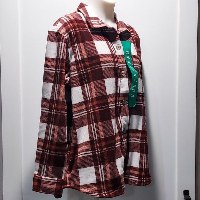 Women's Eddie Bauer Microfleece Button Up Collar Shirt Brown Plaid NWT Size XL
