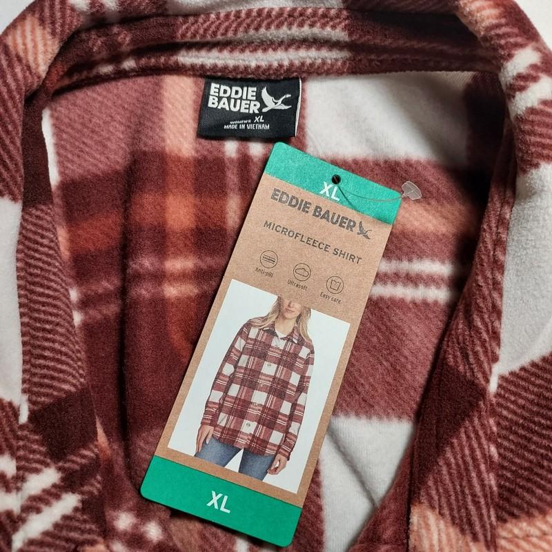 Women's Eddie Bauer Microfleece Button Up Collar Shirt Brown Plaid NWT Size XL