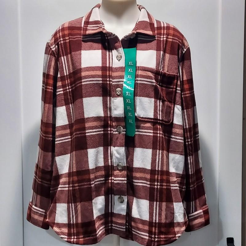 Women's Eddie Bauer Microfleece Button Up Collar Shirt Brown Plaid NWT Size XL