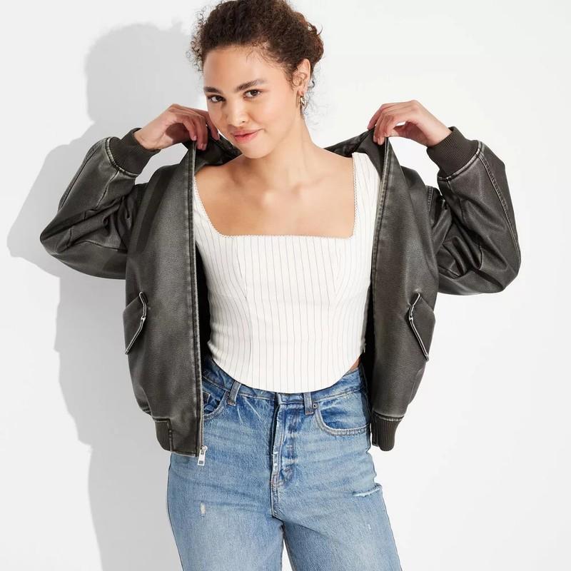 Women's Faux Leather Bomber Jacket - Wild Fable
