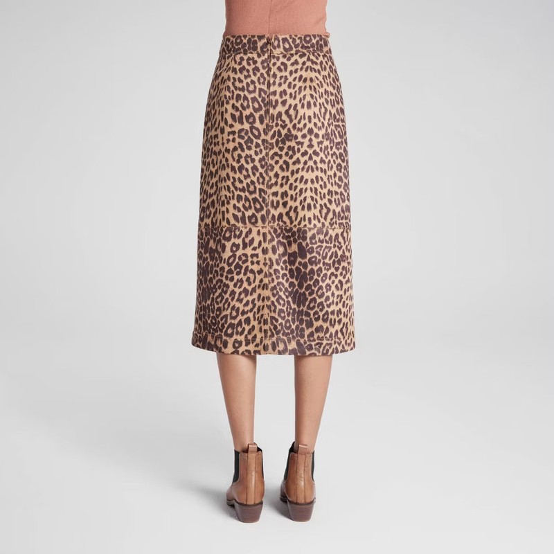 Women's Faux Suede Midi A-Line Skirt - A New Day Brown Leopard