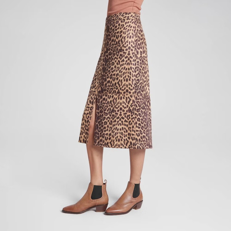 Women's Faux Suede Midi A-Line Skirt - A New Day Brown Leopard