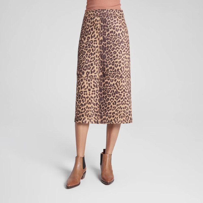 Women's Faux Suede Midi A-Line Skirt - A New Day Brown Leopard