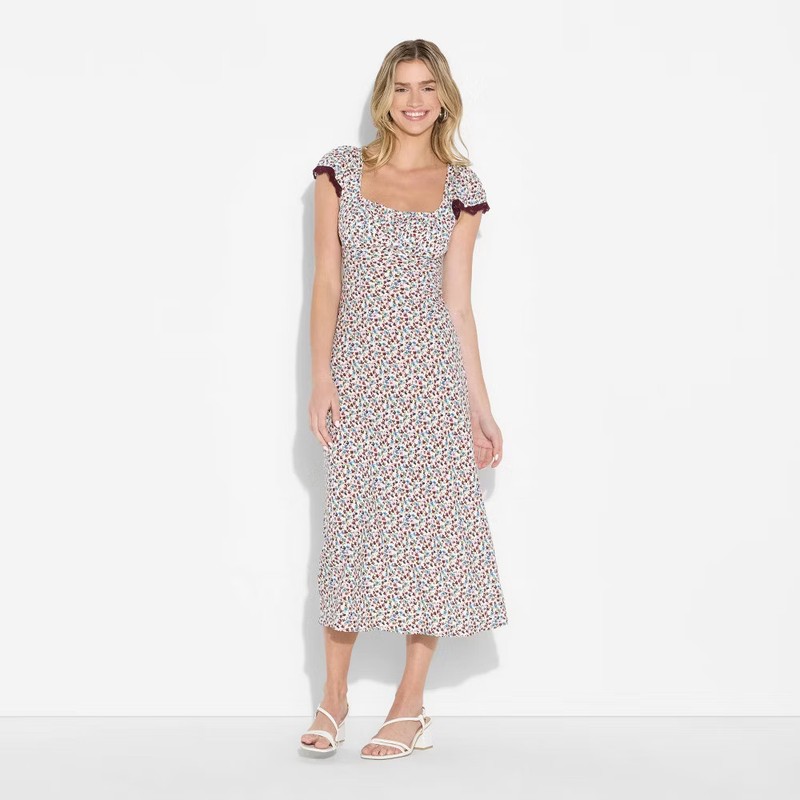 Women's Flutter Cap Sleeve Maxi A-Line Dress - Wild Fable Off-White Floral