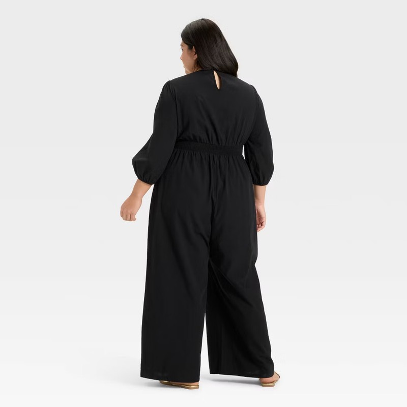 Women's Flutter Elbow Sleeve Tie-Front Jumpsuit - Ava & Viv Black 2X