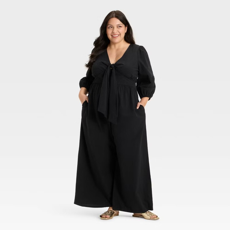 Women's Flutter Elbow Sleeve Tie-Front Jumpsuit - Ava & Viv Black 2X