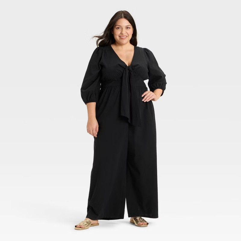 Women's Flutter Elbow Sleeve Tie-Front Jumpsuit - Ava & Viv Black 2X