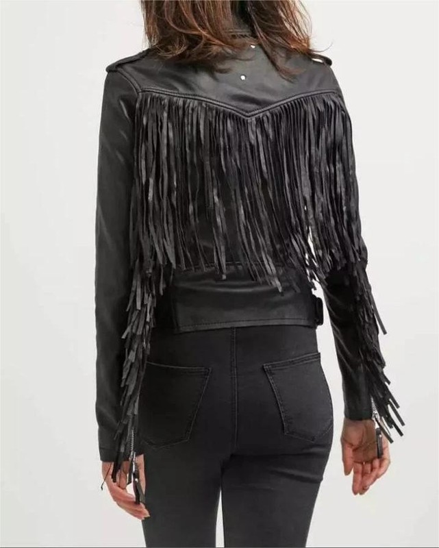 Women's Fringe Style Leather Jacket Western Black Jacket
