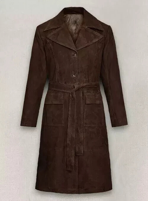 Women's Genuine Brown Suede Leather Trench Coat Pure Soft Slim Fit Causal Coat
