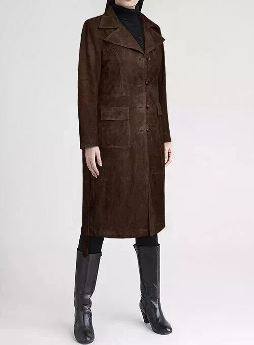Women's Genuine Brown Suede Leather Trench Coat Pure Soft Slim Fit Causal Coat