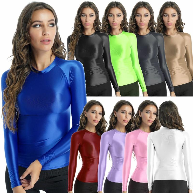 Women's Glossy Long Sleeve T-Shirt Seamless Yoga Shirts Compression Workout Tops