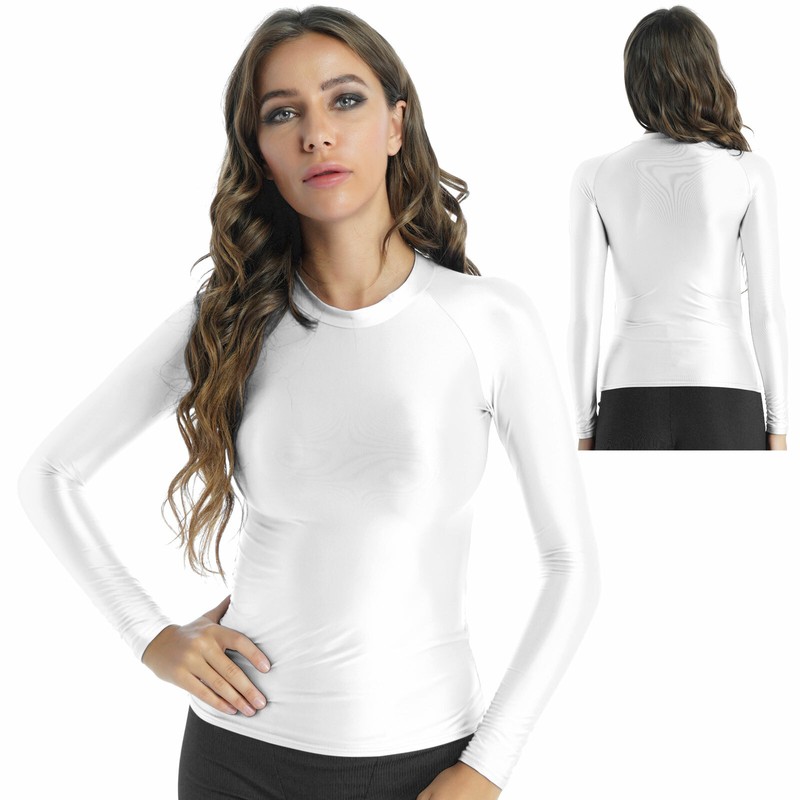 Women's Glossy Long Sleeve T-Shirt Seamless Yoga Shirts Compression Workout Tops