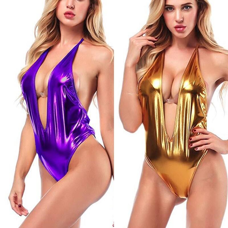 Women‘s Halter Wet Look Patent Leather Leotard Bodysuit Thong Jumpsuit Clubwear