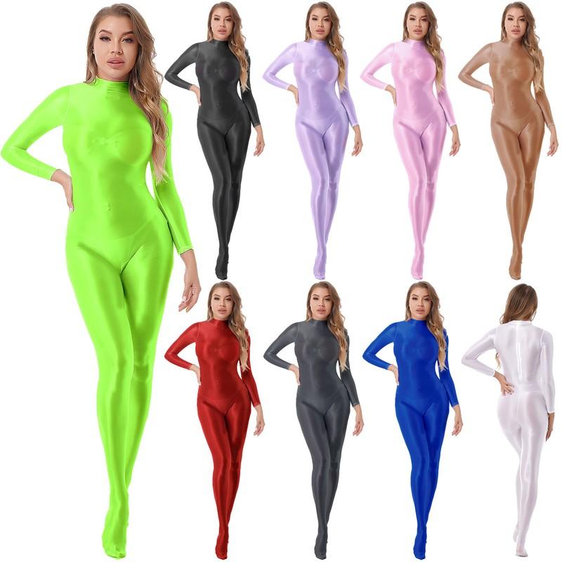 Women's High Elastic Glossy Oily Catsuit Shiny Full Bodysuit Party Costume