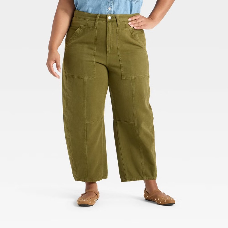 Women's High-Rise Utility Barrel Jeans - Universal Thread Olive Green 6