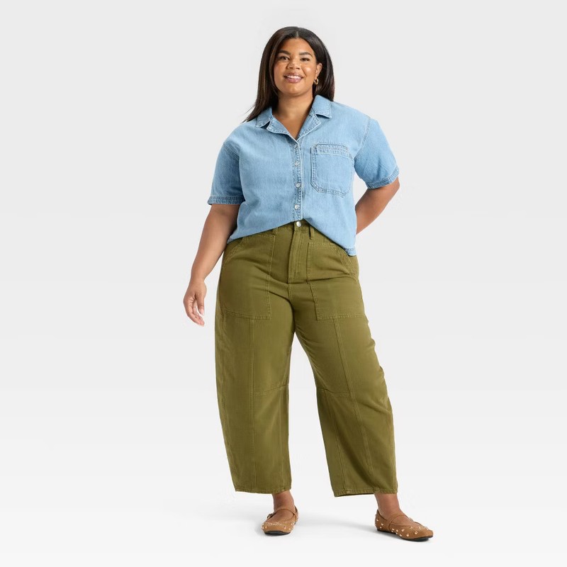 Women's High-Rise Utility Barrel Jeans - Universal Thread Olive Green 12